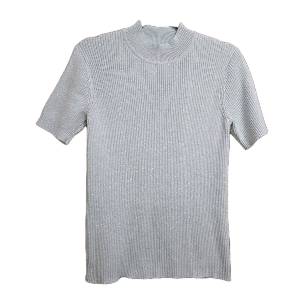 Susan‎ Graver Style Ribbed Mock Neck Metallic Knit Top Ice Sky Blue Shimmer Med